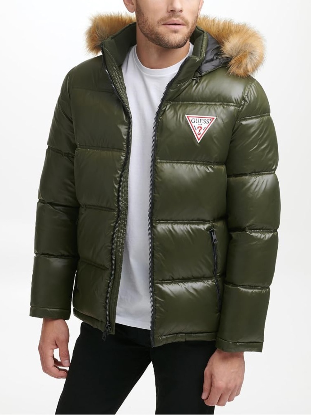 GUESS Men’s Warm Rain Water Resistant Puffer in Army Green Size: Medium